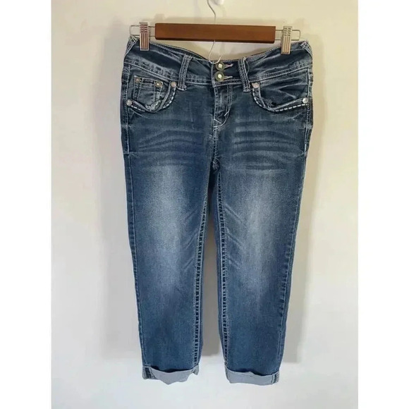 Women's WallFlower Jeans Size 1 Embroidered Back Pockets Bling American Flag EUC - Picture 2 of 13